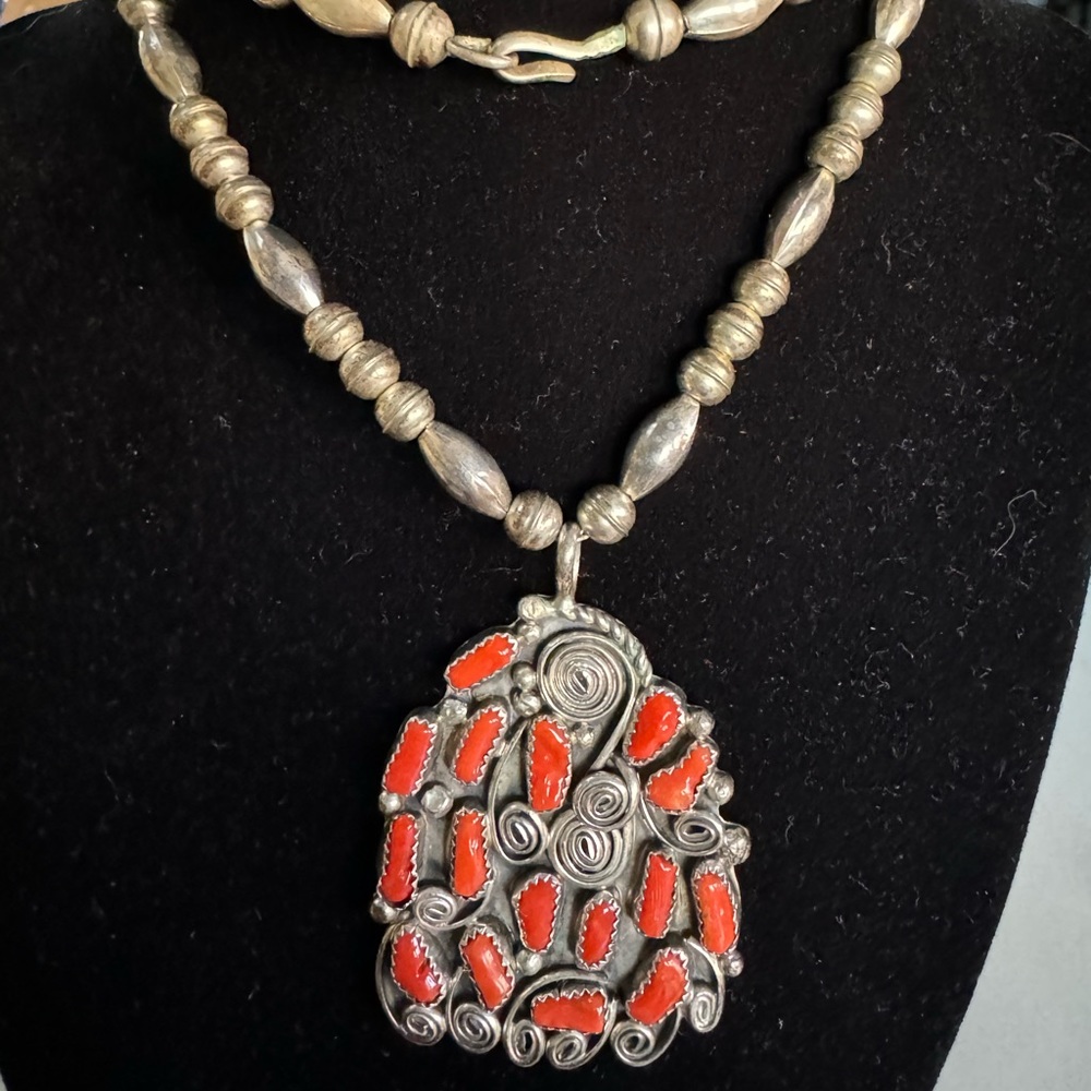 Native American sterling silver and real coral necklace